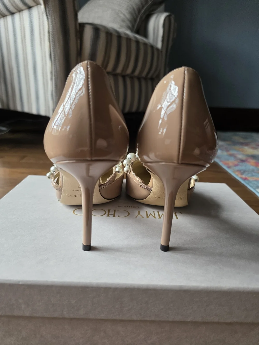 Jimmy Choo Nude Patent Leather Pearl-Embellished Pointed Toe Heels - Picture 4 of 6
